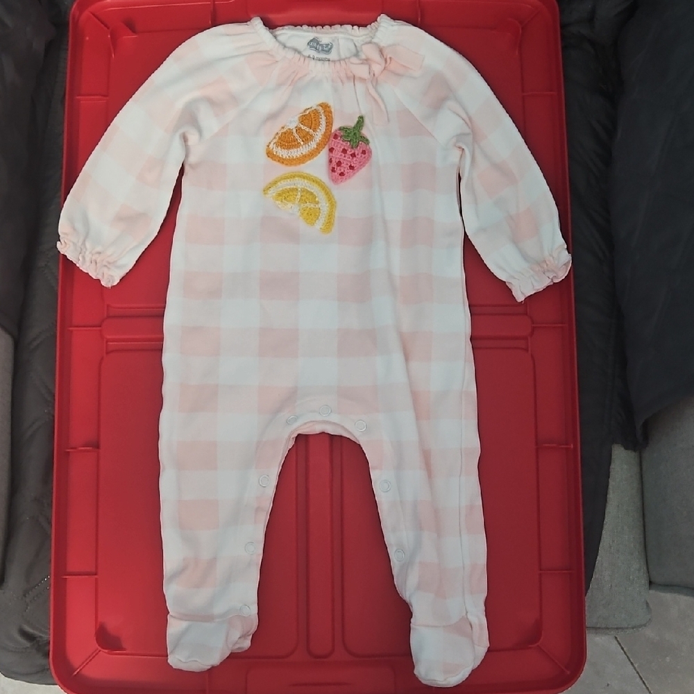 Mud Pie Pink and White Footies with Fruit Appliqué